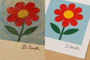 Lithography and Silkscreen – Differences, Value and How to Choose. Side-by-side view of an original textured oil painting of a red flower on the left and a smooth silkscreen print of the same flower on the right, both hand-signed.