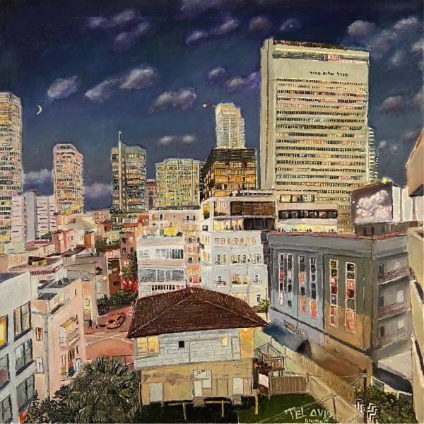 הציור מציג נוף לילי אורבני של תל אביב, עם שילוב בין בנייני מגורים נמוכים ובתים ישנים בחזית, לבין מגדלים מודרניים ברקע. התאורה הצהובה והכתומה מהחלונות מוסיפה חום לאווירת הלילה, והשמיים הכחולים-כהים זרועים בעננים ובירח דק. השילוב בין ישן לחדש משקף את האופי הייחודי והדינמי של העיר.