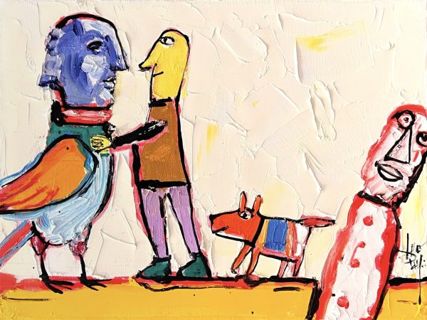 ציור שמן נאיבי של לאו ריי – קומפוזיציה צבעונית בסגנון נאיבי המציגה שתי דמויות לוחצות ידיים במרכז, אחת מהן בעלת תווי פנים אנושיים והשנייה דמוית ציפור אנתרופומורפית. לצידן מופיע כלב קטן ולימינן דמות נוספת המשקיפה על הסצנה. הרקע צבוע בצהוב בוהק עם משטח ירקרק, המוסיף תחושה של במה או חלל פתוח. הסיטואציה מוצגת באופן טבעי כאילו מדובר במפגש שכונתי רגיל, אך יש בה קריצה הומוריסטית וסוריאליסטית. הצבעוניות העזה והשילוב בין דמויות אנושיות ובעלי חיים מעניקים ליצירה אופי נאיבי, שובב וייחודי.