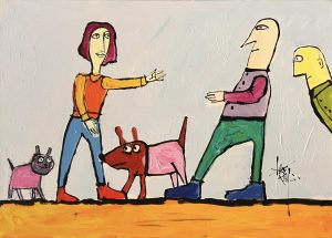 ציור של לאו ריי – דמויות נאיביות עם שני כלבים במפגש שכנים צבעוני