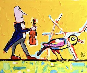 Naive oil painting by Leo Ray – a violinist walking slowly across a vivid yellow background, holding his violin while a large, unusual bird walks alongside him. The violinist is dressed in colorful clothing, his steps suggesting rhythm and music, as if the tune accompanies the walk. The bird becomes an essential partner in the scene, creating the feeling of a duet performed in motion. The composition conveys a poetic, humorous and naive atmosphere with bright, cheerful colors that characterize the artist’s style.