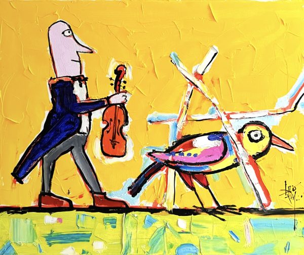 Naive oil painting by Leo Ray – a violinist walking slowly across a vivid yellow background, holding his violin while a large, unusual bird walks alongside him. The violinist is dressed in colorful clothing, his steps suggesting rhythm and music, as if the tune accompanies the walk. The bird becomes an essential partner in the scene, creating the feeling of a duet performed in motion. The composition conveys a poetic, humorous and naive atmosphere with bright, cheerful colors that characterize the artist’s style.