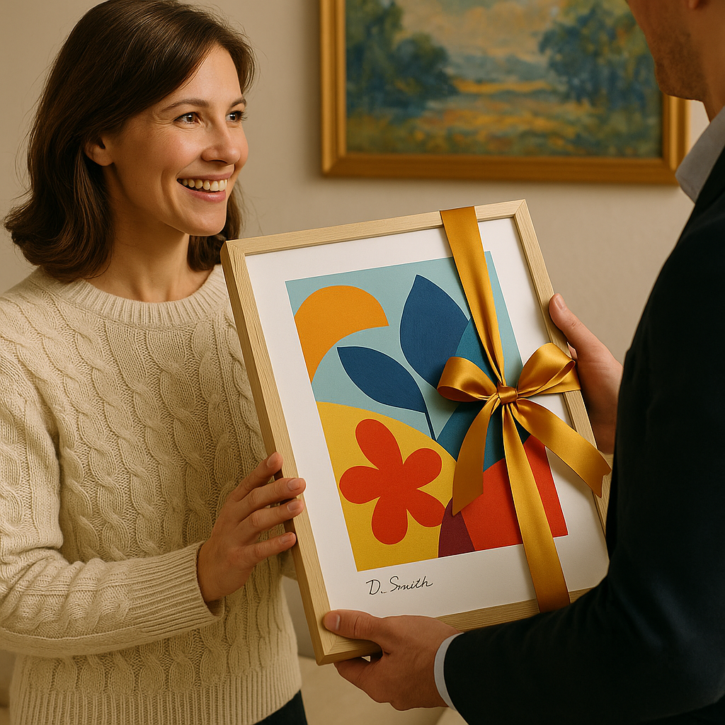 Giving a work of art – a photograph of a person handing someone else a framed picture wrapped with an elegant gift ribbon, with the smile and interaction conveying a personal connection.