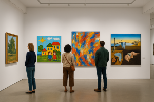 Leading art styles – three people stand in a modern gallery, looking at four paintings on a white wall. On the left – a figurative landscape painting of a green tree in a field. Next to it – a colorful naive-style painting of two children in front of red and yellow houses under a bright sun. In the center – an abstract painting with free brushstrokes in shades of blue, orange, red, and yellow. On the right – a surrealist painting featuring melting clocks and a desert landscape.