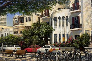 ציור של בניין באוהאוס בתל אביב, עם מכוניות חונות, אופניים, ספסלים וצמחייה, באווירה עירונית חמה.
