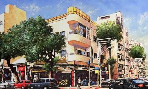 ציור של רחוב בתל אביב עם בניין בסגנון באוהאוס, עצים ירוקים ומכוניות חונות באווירה עירונית חיה.