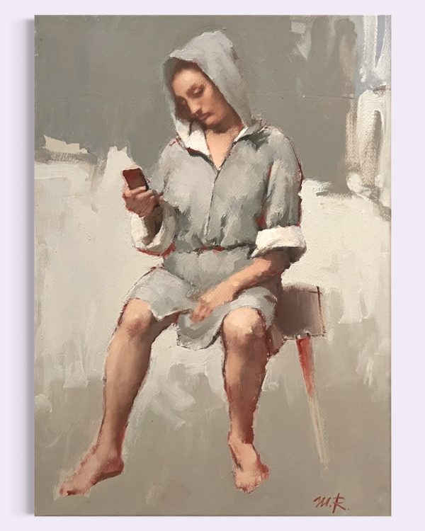 Painting by Misha Rapoport – woman seated in grey attire absorbed gaze at phone