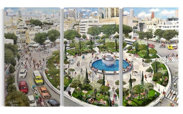 טריפטיכון שמן של הלנה ליברמן – כיכר דיזנגוף בתל אביב עם המזרקה, הרחובות והאווירה העירונית התוססת