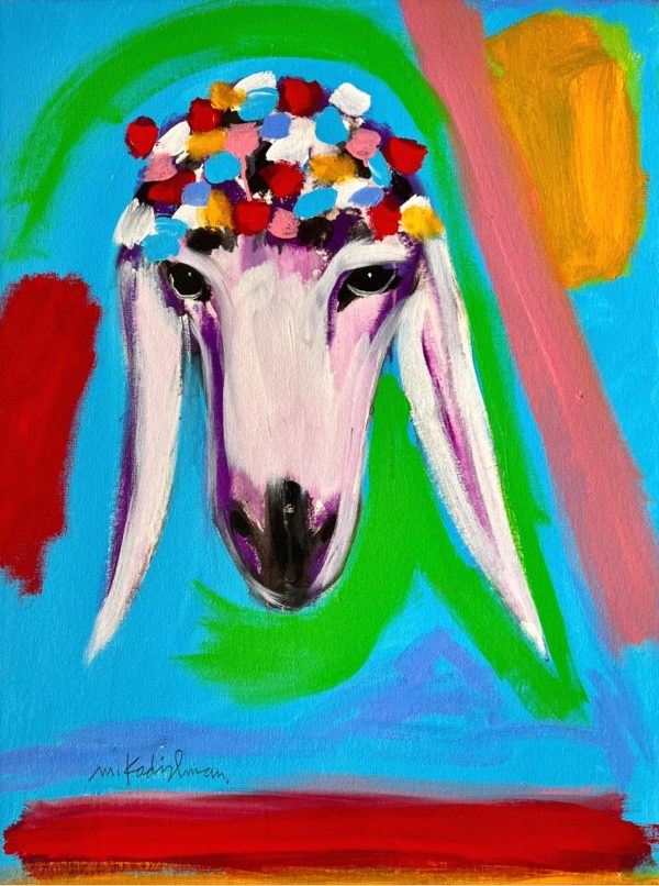 Acrylic painting by Menashe Kadishman – the head of a white sheep with long ears and purple accents, adorned with a vibrant crown of red, yellow, pink and white strokes. The backdrop of blue, green, red and orange creates contrast and artistic energy, emphasizing both elegance and expressiveness.