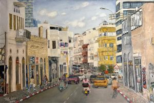ציור שמן על בד של הלנה ליברמן – רחוב תל אביבי תוסס עם בתים היסטוריים, בנייני באוהאוס ומבנים צבעוניים. הרחוב מלא רכבים, קטנועים ורוכבי אופניים, ודמויות הולכות על המדרכות. הקומפוזיציה מעבירה את קצב החיים העירוני ואת המפגש בין ישן לעכשווי.