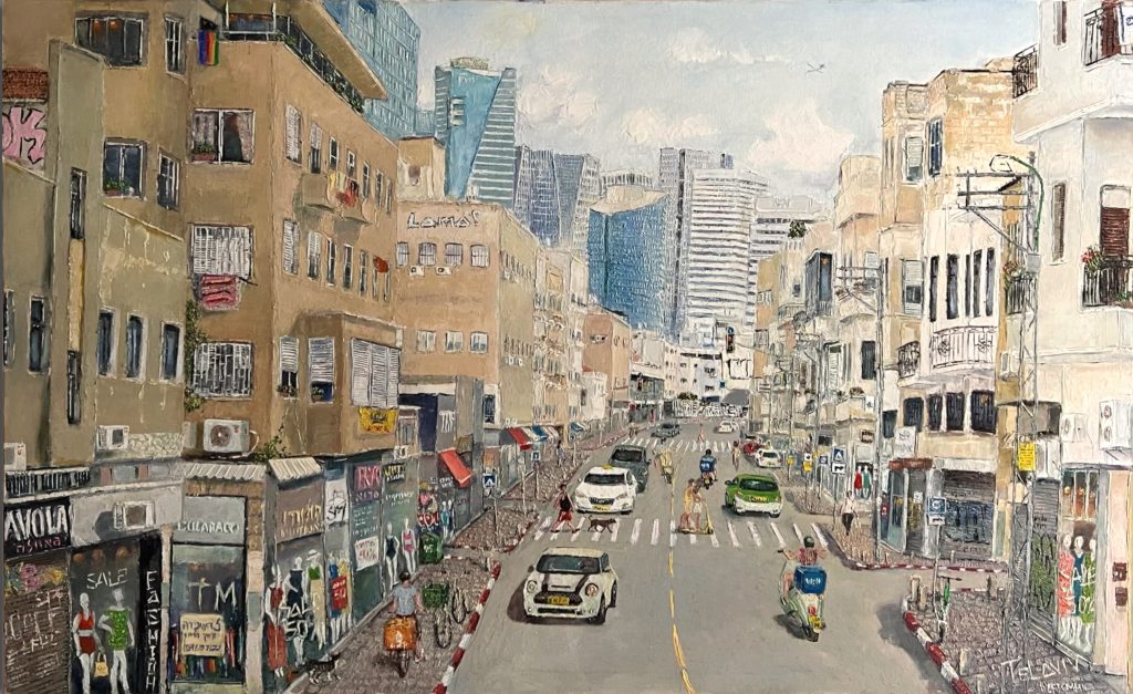 ציור שמן של הלנה ליברמן המציג את רחוב אילת בתל אביב – מבני באוהאוס ישנים לצד גורדי שחקים, חנויות צבעוניות עם שלטים, הולכי רגל במעברי חציה, רכבים ואופנועים בתנועה. שילוב האדריכלות ההיסטורית עם הרקע המודרני יוצר קומפוזיציה אורבנית המשקפת את הקצב המיוחד של העיר
