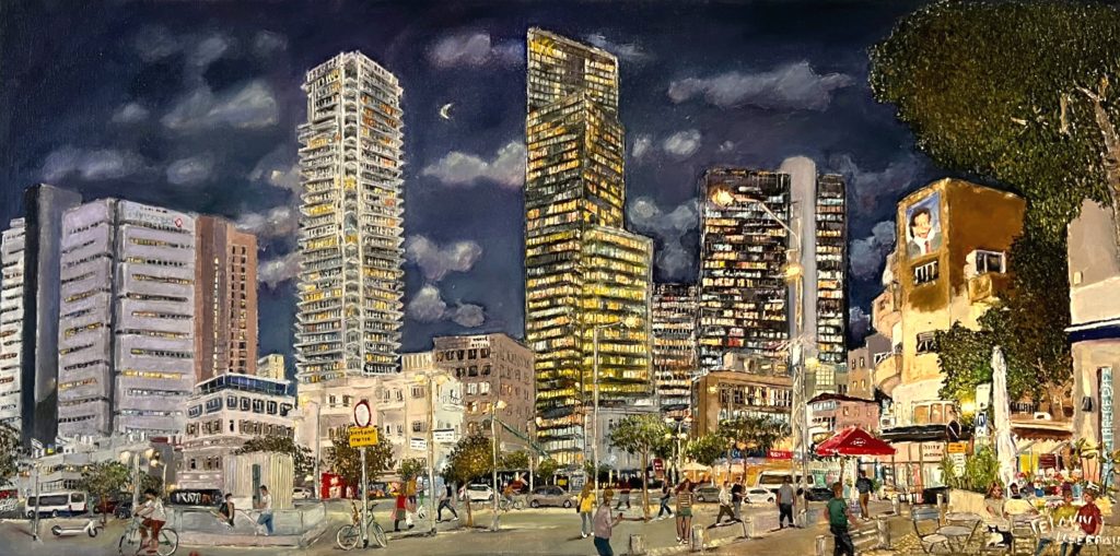 ציור שמן של הלנה ליברמן – מבט על רחובות תל אביב בלילה. גורדי שחקים מוארים, אנשים מטיילים, בתי קפה ומגדלים מודרניים לצד מבנים ישנים יוצרים שילוב של אווירה עירונית חיה ותוססת.