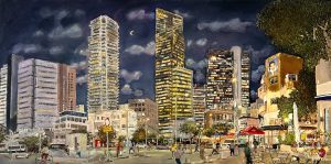 Oil painting by Helena Liberman – a view of Tel Aviv streets at night. Bright skyscrapers, people strolling, cafés and modern towers alongside older buildings create a vivid and bustling city scene.