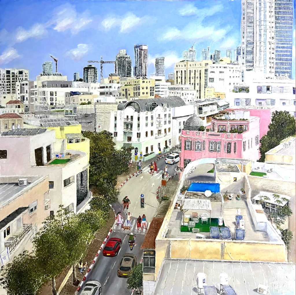 Oil on canvas by Helena Lieberman showing Gruzenberg Street corner Nahalat Binyamin in Tel Aviv on a bright day. Figures walk along the street, cars pass between modern and historic buildings, and colorful balconies reflect the lively urban energy of the city.