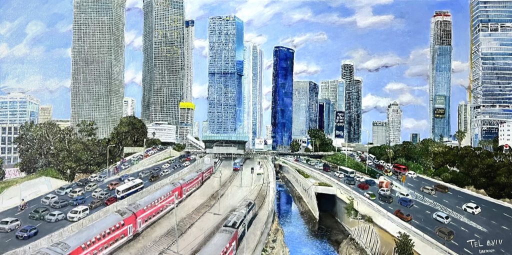 ציור שמן של הלנה ליברמן המציג את תל אביב מנקודת מבט רחבה על נתיבי איילון, עם רכבות וכלי רכב בתנועה וגורדי שחקים ברקע. הציור מבטא את הקצב, האנרגיה והחיוניות של העיר.