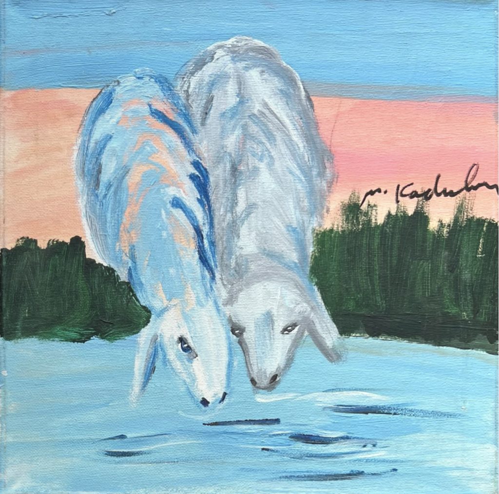 ציור של מנשה קדישמן המציג שתי כבשים לבנות על שפת האגם, עם השתקפות עדינה במים ורקע של שמיים בגווני כחול וורוד. האווירה רגועה ופסטורלית.